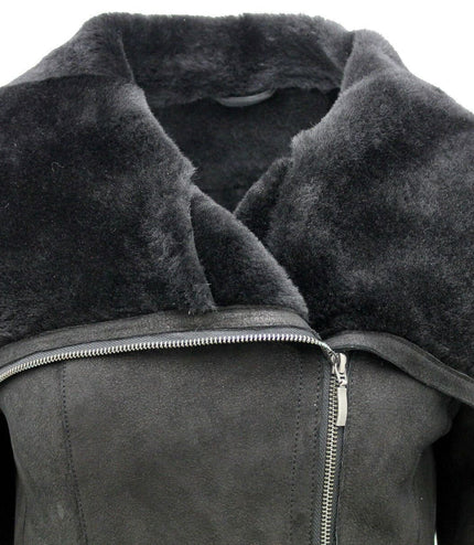 Womens Merino Sheepskin Aviator Leather Jacket-Asmara - Black