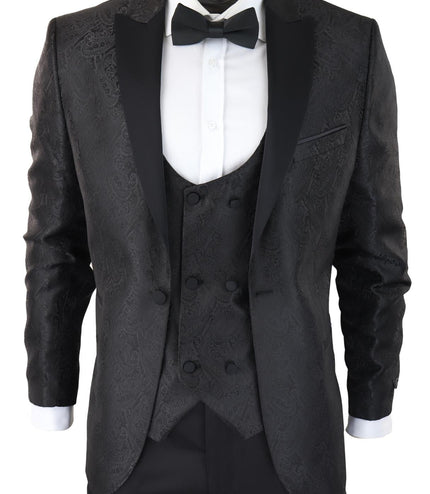 Mens Black Tuxedo Blazer Waistcoat Brocade Satin Paisley Formal Dinner Jacket