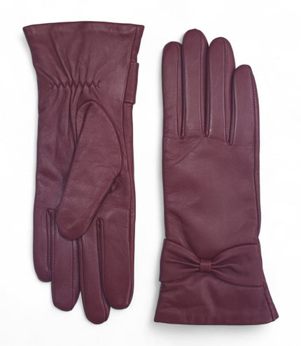 Womens Burgundy Red Italian Leather Winter Bow Design Soft Wool Lining Gloves - L-GLV-401