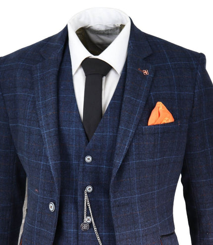 Mens 3 Piece Navy Blue Tweed Check Vintage Retro Classic Suit