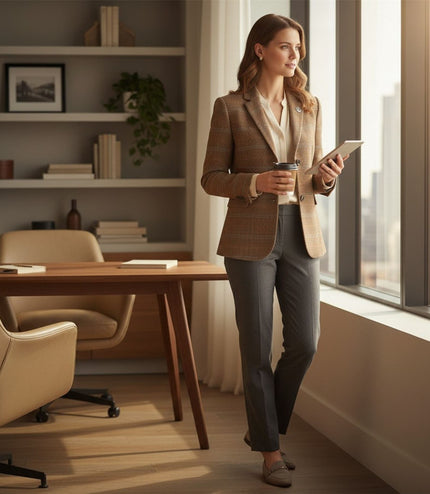 Women's Oak Brown Tailored Check Tweed Blazer Formal Jacket - TPSTZ-7
