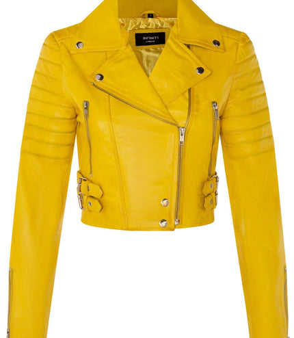 Womens Cropped Brando Leather Biker Jacket-Damascus - Yellow