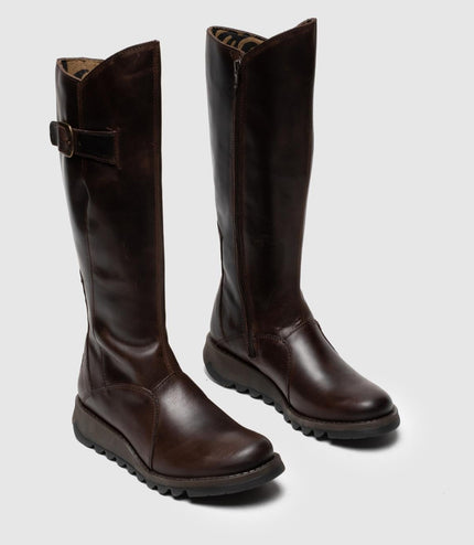 Fly London Womens Brown Mol 2 Leather Wedge Heel Knee High Zip Up Boots