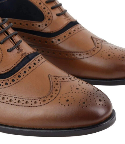 Mens Retro Oxford Navy Suede Brogue Shoes In Tan Leather