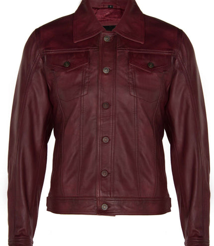 Men's Retro Leather Trucker Jacket-Constantine - Burgundy