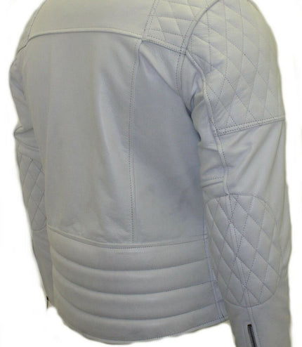 Mens Cowhide Leather Biker Jacket-Nassau - White