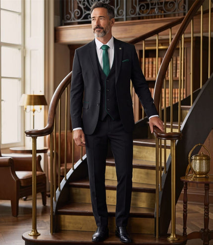 Men's Black Formal 3 Piece Tailored Fit Plain Suit - IM4