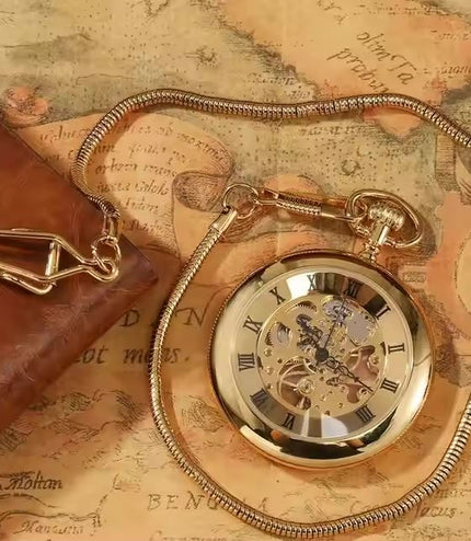 Mechanical Golden Skeleton Open-Face Chain Pocket Watch