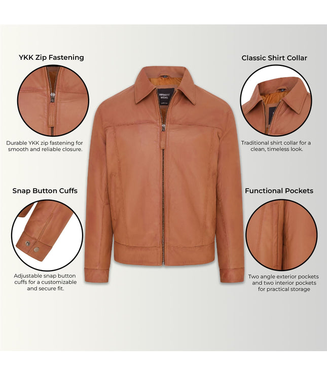 Mens Retro 100% Nappa Leather Harington Biker Jacket - Tan