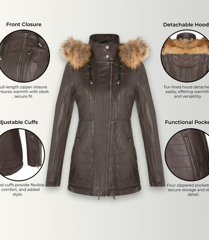Womens Slim Fit Leather Hooded Parka Jacket-Northam - Brown