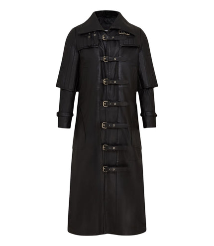 Mens Black Leather Full Length Buckle Gothic Long Trench Coat - Captain