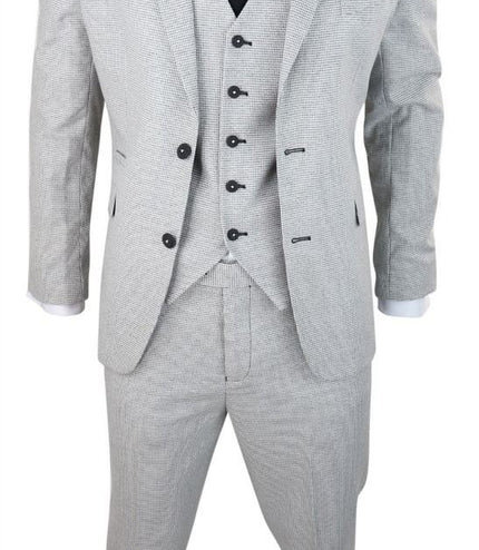 Mens 3 Piece Light Grey Check Tweed Retro Classic Suit