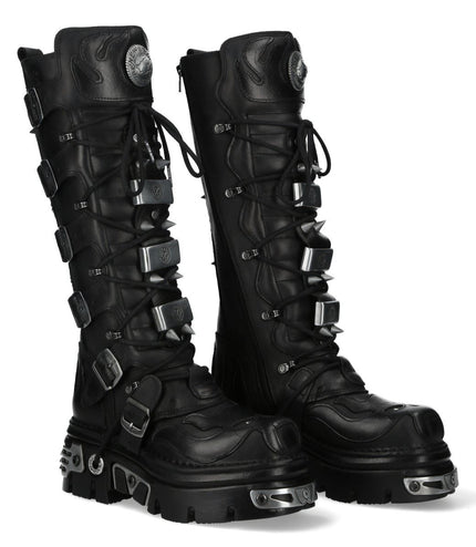 New Rock M-161-C10 Knee High Black Leather Spiked Gothic Boots