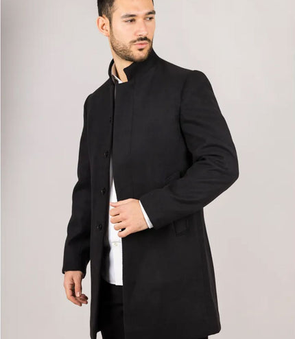 Men's Black Stand Collar Wool Blend Overcoat