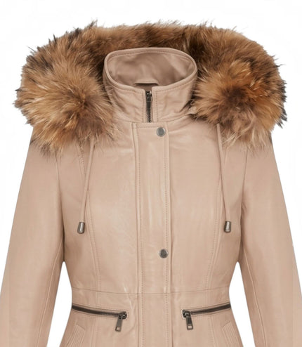 Womens Beige Warm Leather Hooded Parka Jacket-Northwich