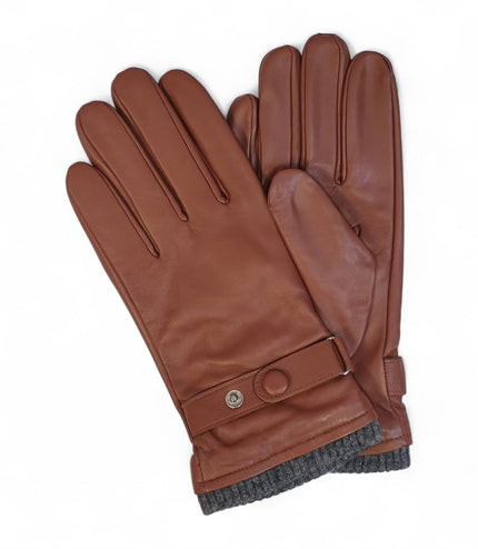 Men's Tan Brown Italian Leather Warm Wool Lining Winter Knit Rib Gloves - M-LGV-105