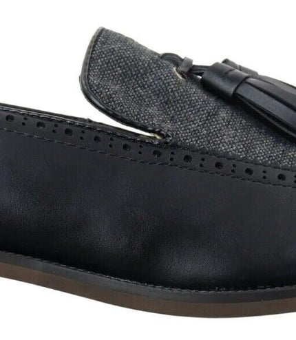 Mens Tasselled Black Leather Tweed Brogue Slip On Loafers