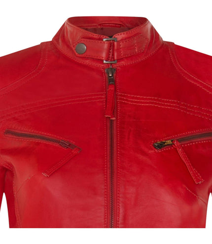 Womens Slim-Fit Leather Biker Jacket-Maldon - Red