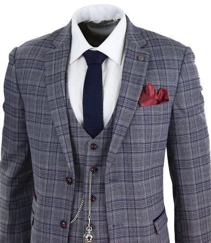 Mens 3 Piece Grey Herringbone Tweed Check Suit