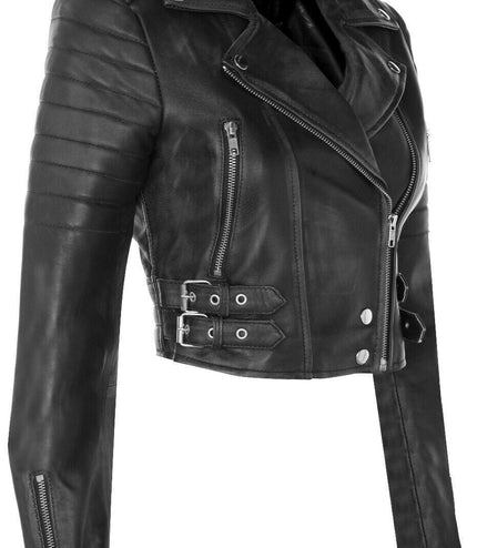 Womens Cropped Brando Leather Biker Jacket-Damascus - Black