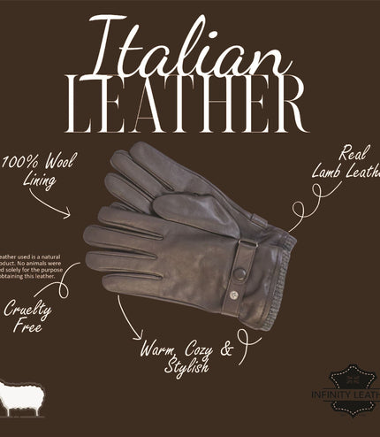 Men's Brown Italian Leather Warm Wool Lining Winter Knit Rib Gloves - M-LGV-105