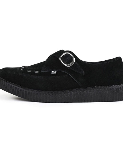 TUK Pointed Creeper Black Suede Monk Buckle Platform Shoes - A8139