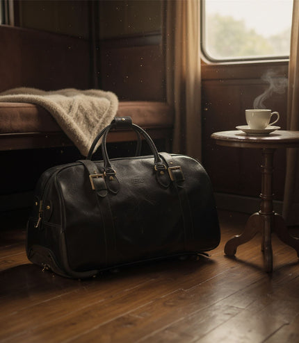Genuine Leather Black Wheeled Holdall Duffle Travel Cabin Bag - Holt
