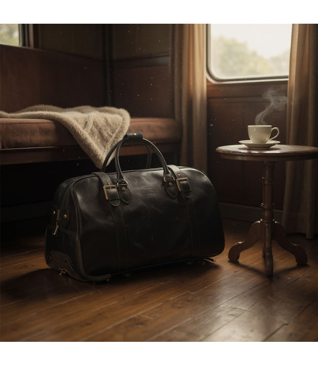 Genuine Leather Black Wheeled Holdall Duffle Travel Cabin Bag - Holt