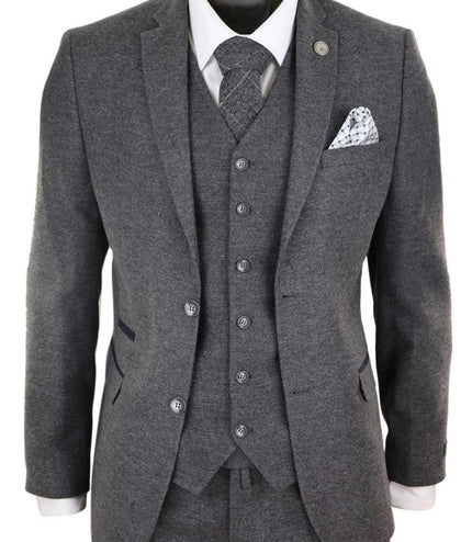 Mens 3 Piece Grey Wool Tweed Vintage Retro Suit