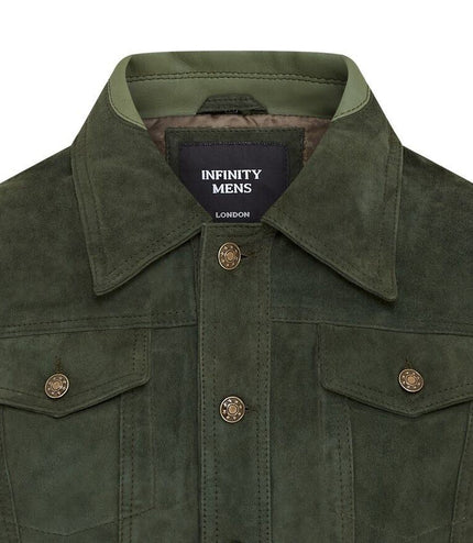 Mens Trucker Goat Suede Western Leather Jeans Jacket - Yangon - Green