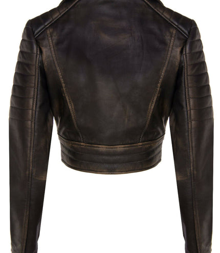 Womens Cropped Brando Leather Biker Jacket-Damascus - Vintage Black