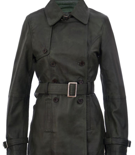 Womens Nappa Leather Trench Coat-Mosul - Green