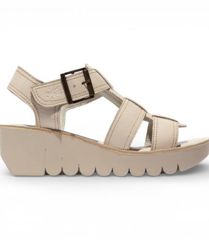Fly London Women's YUDD236FLY Off White Leather Wedge Sandals