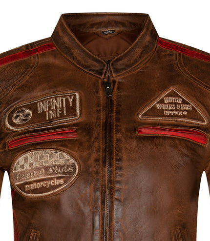 Womens Biker Racing Badges Leather Jacket-Eastleigh - Tan