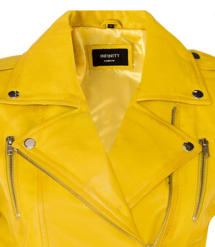 Womens Leather Brando Biker Jacket-Orlando - Yellow