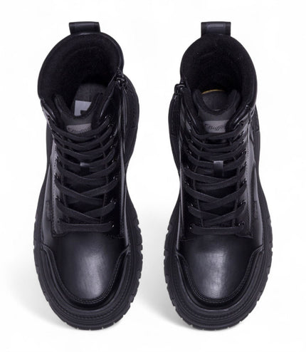 Buffalo Womens Black Chunky Platform Lace Up Mid High Combat Boots - Fusion