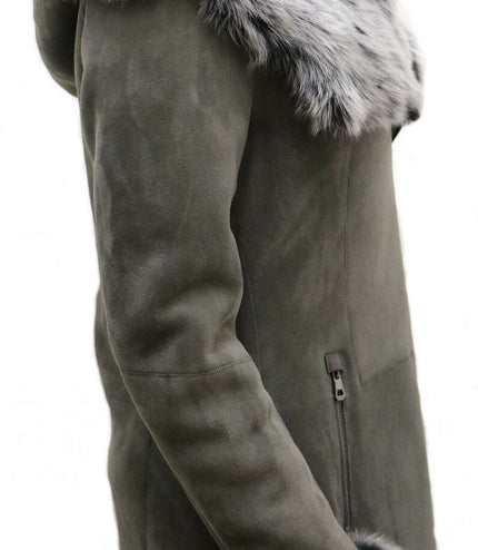 Womens Grey Suede Hooded Merino Sheepskin Coat-Monrovia