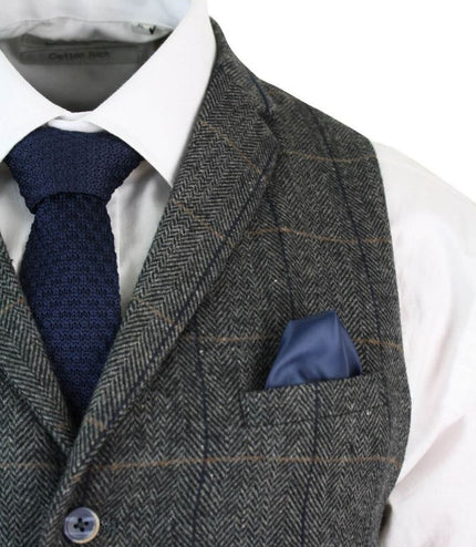Mens 3 Piece Charcoal Grey Check Tweed Herringbone Vintage Classic Suit