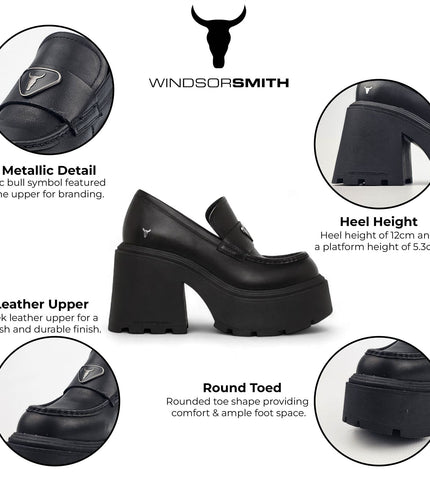 Windsorsmith Womens Black Leather Platform Loafers Shoes - Spolied