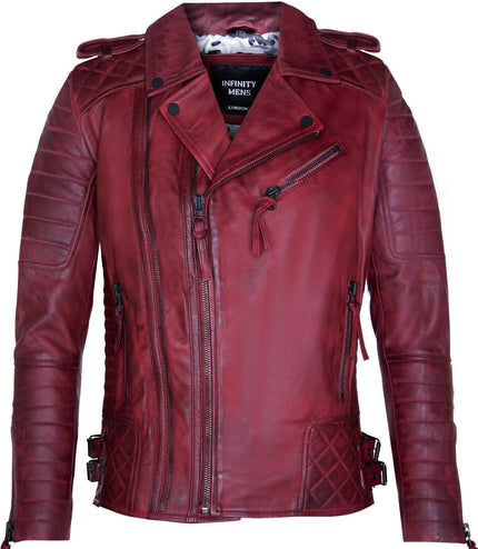 Mens Slim-Fit Double Zip Brando Leather Biker Jacket-Cairo - Burgundy