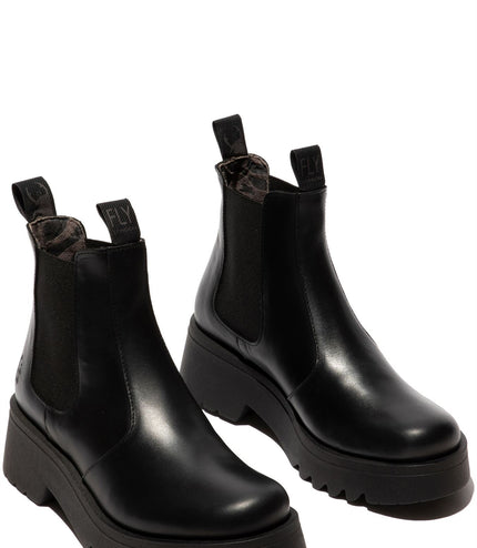 Fly London Womens Black Medi789 Wedged Chelsea Ankle Leather Platform Boots