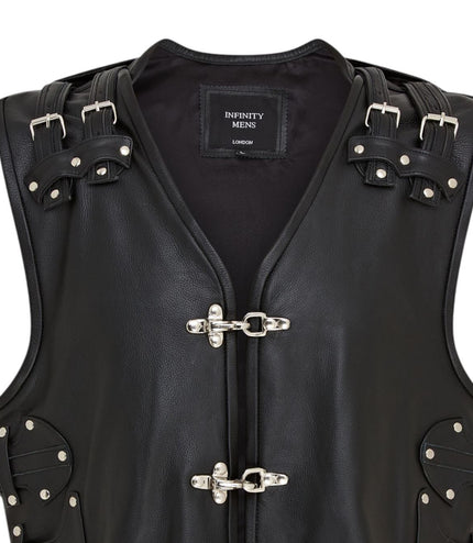 Men's Black Biker Leather Waistcoat Metal Buckles Vest - Coolgardie