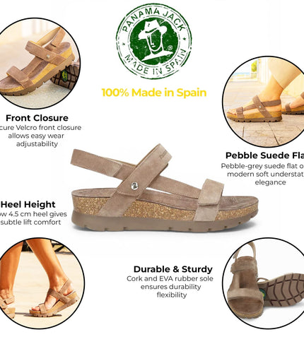 Panama Jack Women's Wedge Stone Grey Suede Leather Sandals - Selma B18