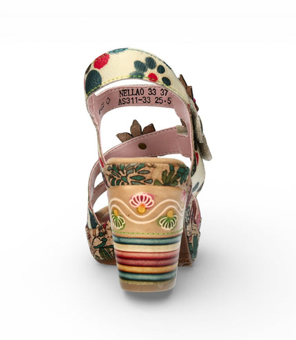 Laura Vita Women's Nellao 33 Beige Floral Leather Wedge Heel Espadrille Sandals