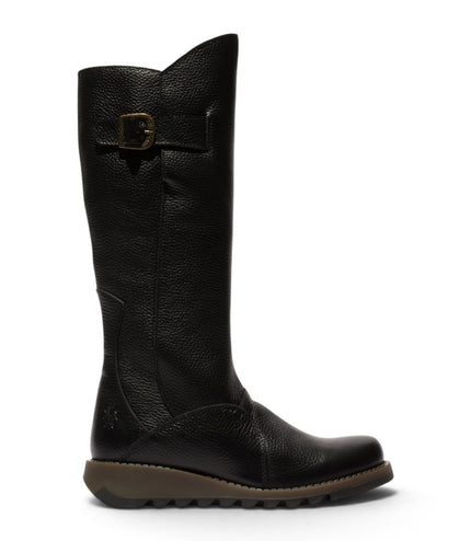Fly London Womens Black Leather Wedge Heel Knee High Long Boots - MOL2