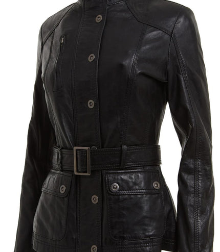 Womens Military Style Leather Biker Jacket-Phoenix - Black