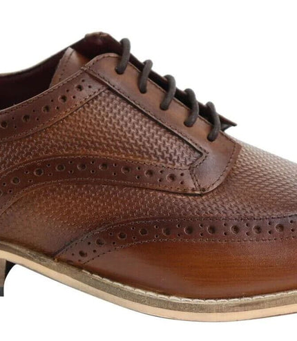 Mens Classic Oxford Brogue Shoes In Patterned Tan Leather