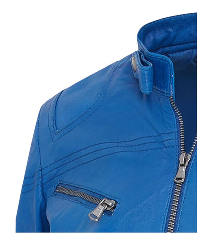 Womens Slim-Fit Leather Biker Jacket-Maldon - Blue