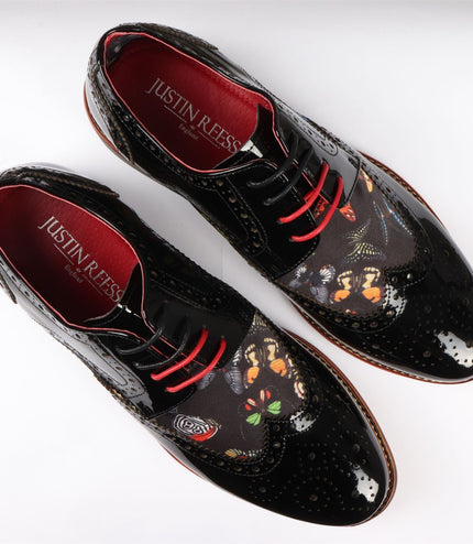 Justin Reess Men's Butterfly Print Patent Leather Brogue Shoes - Julius