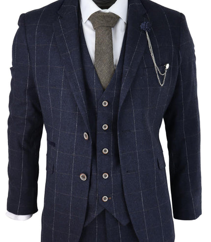Mens 3 Piece Wool Suit Navy Blue Tweed Check Peaky Blinders 1920 Gatsby Formal